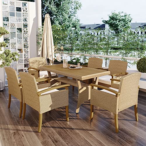 WOXYX 7-Piece Outdoor Patio All Weather PE Rattan Dining Table Set with Wood Tabletop and Cushions for 6, White