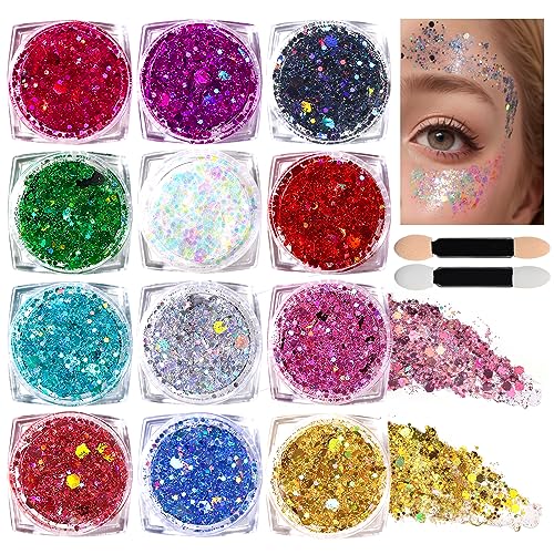 Teenitor Body Glitter Face Glitter Makeup Festival Glitter Gel, 12 Colors Face and Body Glitter Gel, Hair Glitter Gel, Glitter Gel Makeup, Glitter for Face and Hair