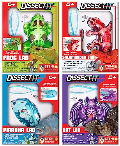 Dissect-It Simulated Synthetic Lab Dissection Toy, STEM Projects for Kids Ages 6 Plus, Animal Science, Biology, Anatomy Home Learning Kits - Complete Set of 4 (Frog, Salamander, Piranha, & Bat)