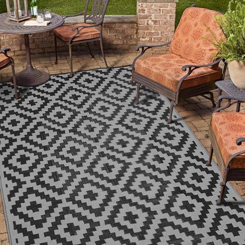 Utopia Home Waterproof Outdoor Rug for Patio 9x12 ft, Reversible Outdoor Plastic Straw Rug for Camping, Outdoor Balcony Rug, Camper Rug, Deck Rug, Outdoor RV Rugs for Under Awning - Black & Grey