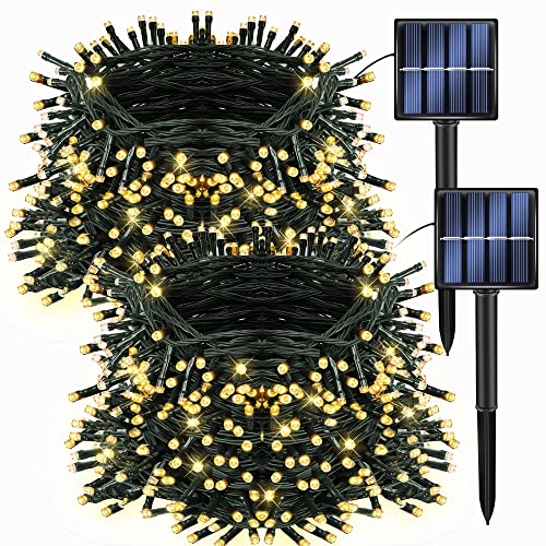 Dazzle Bright 2 Pack Total 400LED 132FT Warm White Christmas Solar String Outdoor Lights, Solar Powered with 8 Modes Waterproof Fairy Lights for Bedroom Patio Garden Tree Party Yard Decoration