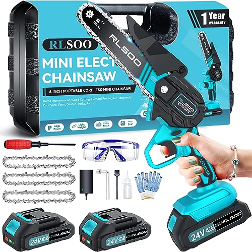 RLSOO Mini Chainsaw 6 Inch Cordless, Battery Powered Electric Chainsaw with 2 Batteries and 3 Chains, Mini Chain Saw for Tree Trimming Wood Cutting