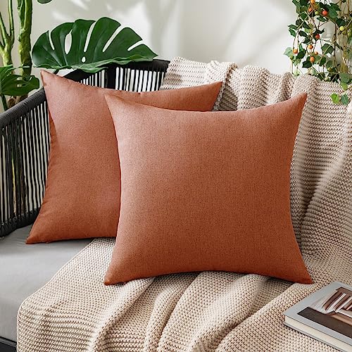 MIULEE Pack of 2 Decorative Outdoor Solid Waterproof Throw Pillow Covers Polyester Linen Garden Farmhouse Cushion Cases for Patio Tent Balcony Couch Sofa 18x18 inch Rust