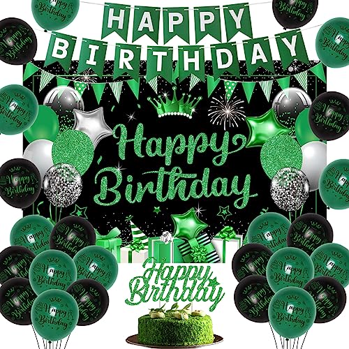 Green and Black Birthday Party Decorations Men Women, Happy Birthday Backdrop with Glitter Cake Topper, Happy Birthday Banner, Printed Balloons for Boys Girls He or She Adults Birthday Party Supplies