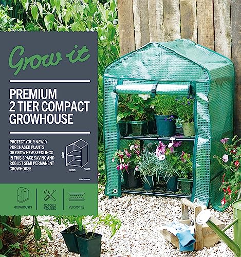 KINZZY Premium 2 Tier Portable Mini Greenhouse with Heavy Duty PE Cover Plus Reinforced Shelving Within 33 lbs Weight Capacity, 23 X 18 X 34 Inch
