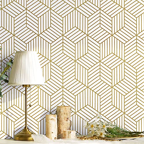 CiCiwind Peel and Stick Wallpaper White and Gold Geometric Wallpaper Removable Self Adhesive Wall Paper Gold Striped Hexagon Vinyl Contact Paper for Cabinets Shelf Drawer Waterproof 15.7