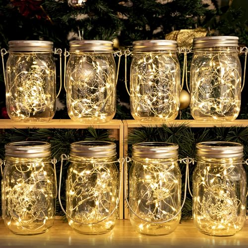 HXWEIYE 8 Pack Solar Mason Jar Lights Lanterns,Jars & Hangers Included，30LED Waterproof Hanging Outdoor Fairy Lights for Patio Garden Porch Yard Backyard Balcony Wedding(Warm White)