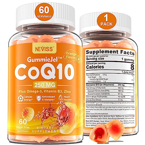 Sugar-Free CoQ10-250mg Filled Gummies - 2 Months Supply - Plus Omega-3, Vitamin B3 & Zinc, High Absorption Coenzyme Q10 Supplements for Heart Health, Cellular Energy & Antioxidant Support, Vegan 60Cts