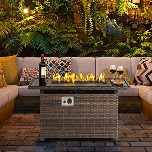 Aoxun Propane Fire Pit Table with Storage, 40 in CSA Propane Fire Table Rectangular, Auto Ignition Gas Fire Pit for Outside Patio Deck, Oxford Cover, Brown Wicker