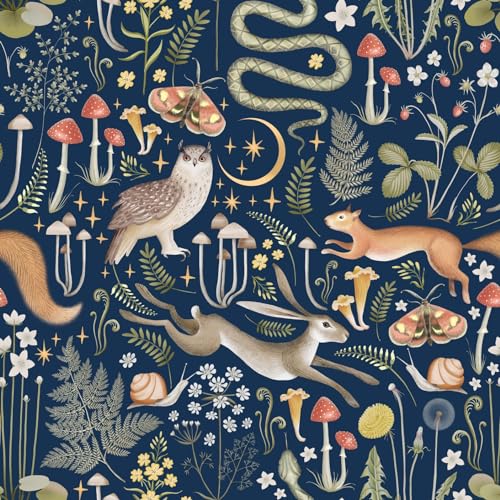 AROMMO Animals Peel and Stick Wallpaper Squirrel,owl,Snake,Rabbit Removable Dark Wallpaper Contact Paper Vinyl Boho Mushrooms and Plants Self Adhesive Wall Paper 17.7