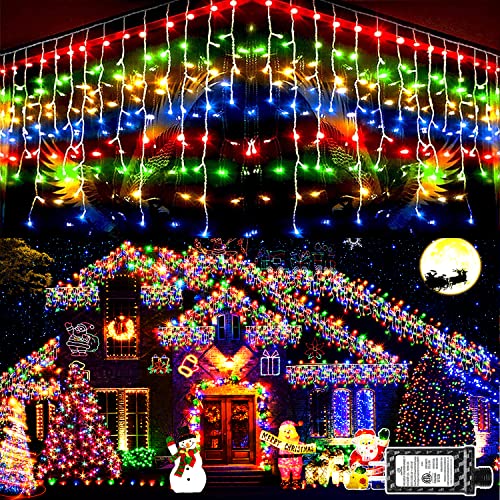 KNONEW Christmas Lights Outdoor Decorations 400 LED 33ft 8 Modes Curtain Fairy String Light with 75 Drops, Clear Wire LED String Light Indoor Decor for Wedding Party Christmas Decorations Multicolor