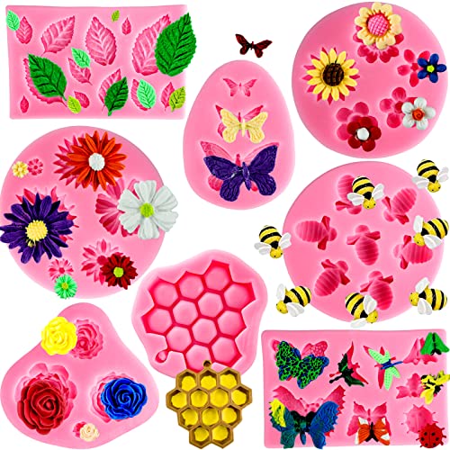 Silicone Mold Flower 8pcs Chocolate Fondant Polymer Clay Candy Gummy Mold,Rose Leaf Butterfly Bee Honey Shaped Silicone Molds for DIY Cake Cupcake Decor Craft