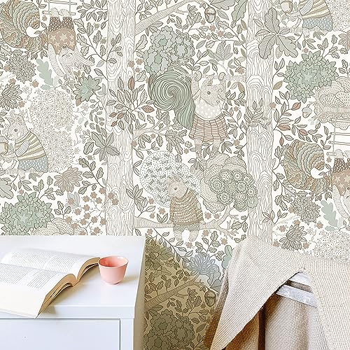 Lativo Forest Animal Wallpaper Peel and Stick Boho Contact Paper for Cabinets- Kids Bedroom Cute Wallpaper Self Adhesive Removable Wallpaper, Baby Nursery Wall Decals for Kids Wallpaper 17.3