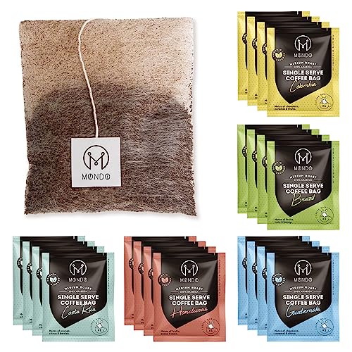Mondo Single Serve Coffee Bags (20 Cups) Variety Pack - Organic, Medium Roast - Disposable, Portable Coffee Filters for Camping and Travel, Sampler Box of 5 Ground Coffee Flavors