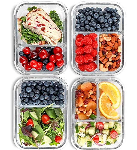 FIT Strong & Healthy 2 & 3 Compartment Glass Meal Prep Containers (4 Pack, 32 oz) - Glass Food Storage Containers with Lids, Glass Bento Box, Portion Control, Airtight, Oven & Freezer safe