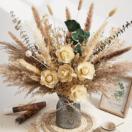 Serwalin Dried Flowers with Vase Included, Natural Pampas Grass and Faux Flowers in Vase Artificial Flower Arrangements with Vase Boho Dining Table Centerpiece Coffee Table Home Decor