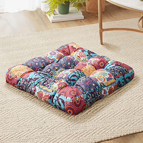 Boho Floor Pillow, Large Meditation Cushion for Adults, Square Pillows Seating for Yoga Living Room Tatami Sitting Home Decor, Memory Foam Added, 22x22 Inch, Multi Patchwork