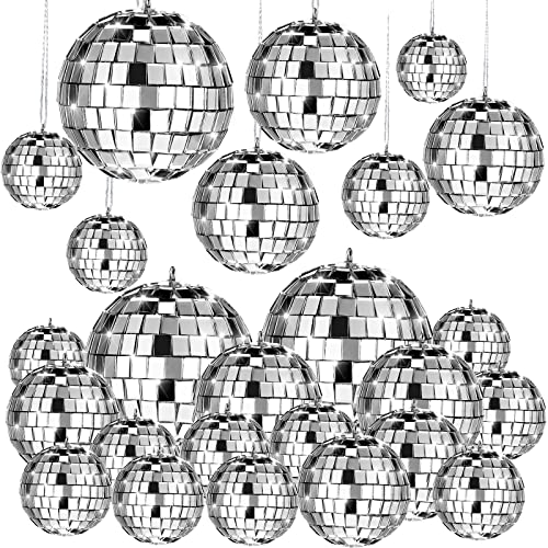 20 Pcs Hanging Mirror Disco Ball Ornaments Mardi Gras Assorted Silver Mini Glass Disco Balls Decoration Different Sizes Reflective with Rope(2.4 Inch, 2 Inch, 1.6 Inch, 1.2 Inch)
