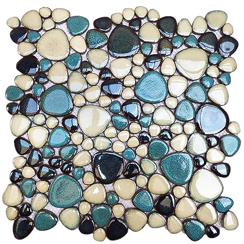 Primoon Interlocking Pebble Tiles 5 Sheets, Aqua Teal Blue Mosaic Tiles Mesh Mounted, 12x12 Waterproof Ceramic Tile Flooring for Kitchen Bath Backsplash Shower Floor Pool