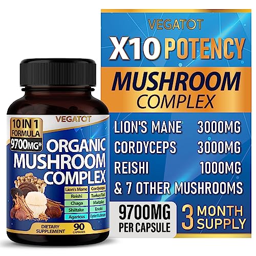 10 in 1 High Strength Mushroom Supplement 9,700MG - Lions Mane, Cordyceps, Reishi - Brain Supplements for Memory and Focus ** 3-Month Supply