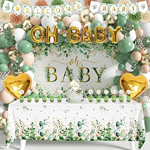 Sage Green Baby Shower Decoration for Girl Boy 99Pcs, Boho Greency Neutral Party Supplies with Oh Baby Backdrop Tablecloth Balloon Garland Kit for Woodland Safari Gender Reveal Party Decor