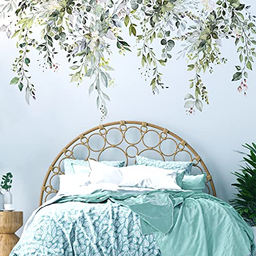 VePret Green Plants Leaves Wall Decals Peel and Stick, Large Floral Flowers Wall Stickers, Removable Vine Home Decor Art for Bedroom Living Room Classroom Office