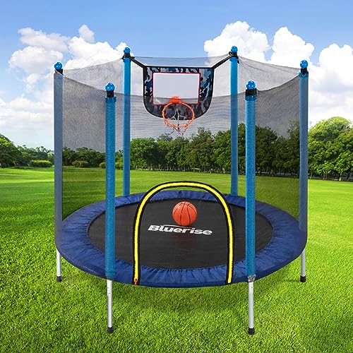 BLUERISE Trampoline 55IN 6FT 8FT 10FT 12FT 14FT Indoor Trampoline for Kids Outdoor Play for Kids Trampoline Basketball Hoop Attachment with Enclosure Net Easy to Assemble Recreational Trampoline
