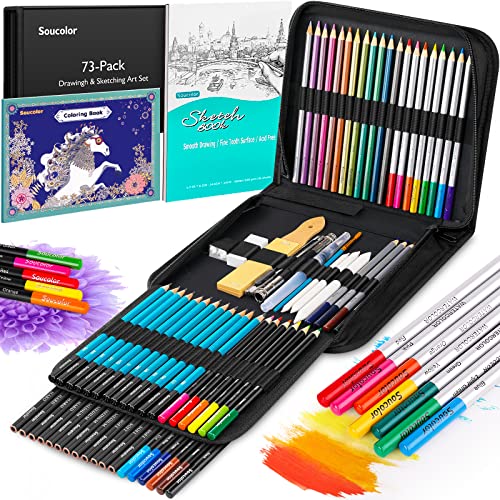 Soucolor 73 Art Supplies for Adults Kids, Art Kit Drawing Supplies Sketching Pencils Coloring Set with Sketchbook, Coloring Book, Charcoal Metallic Graphite for Shading Blending, Gifts for Teen