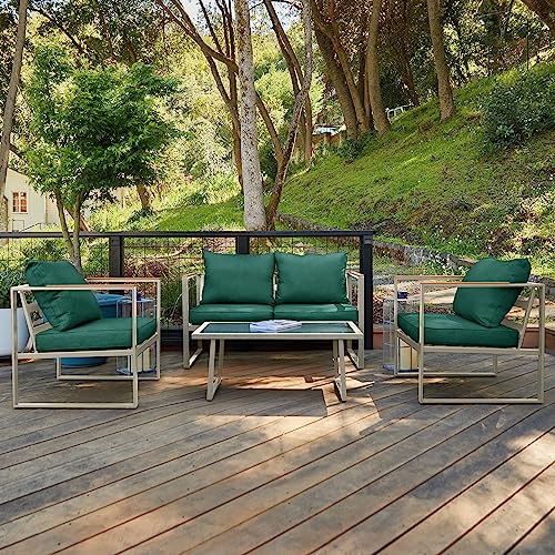 EAST OAK Courtyard Patio Furniture Set, 4-Piece Outdoor Patio Set with Sofa, Removable & Washable Seating Cushion, Tempered Glass Table, Outside Patio Conversation Sets, Champagne Gold & Jungle Green