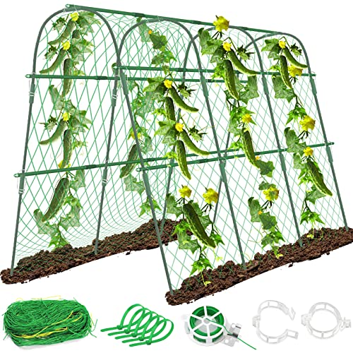 Tetutor Cucumber Trellis for Raised Beds, 63 x 45 Inch U-Shaped Garden Trellis for Climbing Plants Outdoors with Climbing Net, Metal Detachable Arch Plant Support Vegetable Trellis