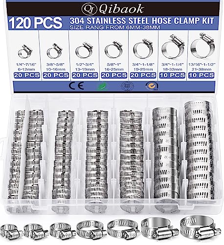 Hose Clamp- Qibaok 120 PCS Stainless Steel Hose Clamps Assortment Kit 1/4