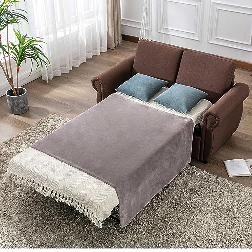 P PURLOVE Sleeper Sofa Bed, Pull Out Sofa Bed Loveseat Sleeper with Twin Size Memory Mattress, Modern Linen Couch Bed Chairs for Living Room, Bedroom and Small Space (Brown)