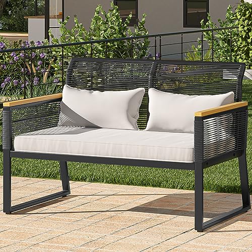 YITAHOME Patio Loveseat Wicker Outdoor Furniture, All Weather Rattan Conversation Loveseat for Backyard, Balcony and Deck with Wooden Armrest, Gray Cushions (Black)