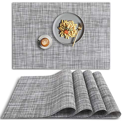 homEdge PVC Placemat, 4 PCS of Non-Slip Heat Resistant Place Mats, Washable Vinyl Placemats, Set of 4 – Gray