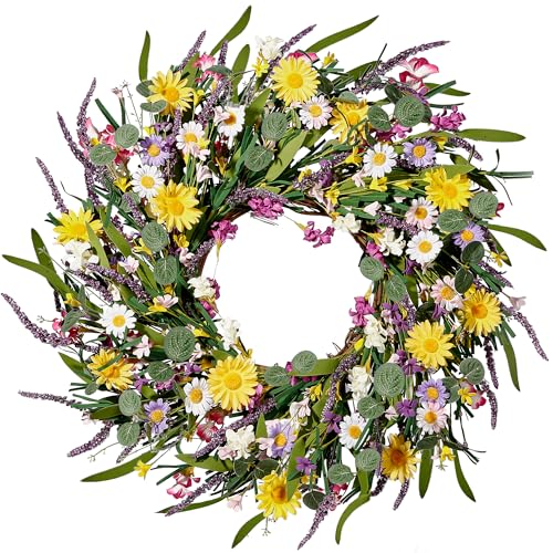 Sggvecsy Daisy and Lavender Wreath 22’’ Wildflower Spring Summer Artificial Silk Wreath for Front Door Home Wall Wedding Festival Farmhouse Holiday Decor