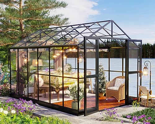 Jocisland 8x12x7.5 FT Greenhouse - Outdoor Aluminum Polycarbonate Greenhouse with Ventilation and Rain Gutter, 4 Swing Doors with Hook, Walk in Greenhouse for Outdoors Backyard