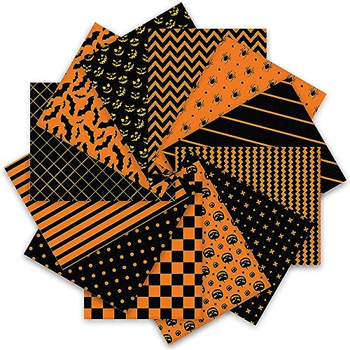 Whaline 12Pcs Halloween Cotton Fabric Bundles 18 x 22 Inch Spider Pumpkin Bat Plaid Stripe Dot Fat Quarters Orange Black Halloween Quilting Patchwork Squares Sewing Fabrics for DIY Craft Party Decor