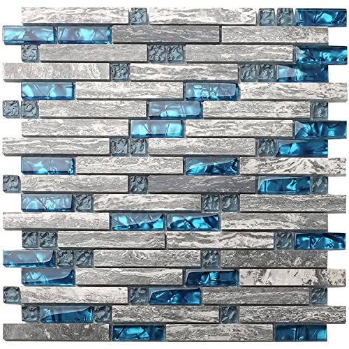 Blujellyfish Gray Marble Tile for Kitchen Backsplash 12 in. x 12 in. x 8 mm Teal Blue Glass Mosaic Bathroom Shower Wall Linear Tiles (Pack of 5 Sheets)