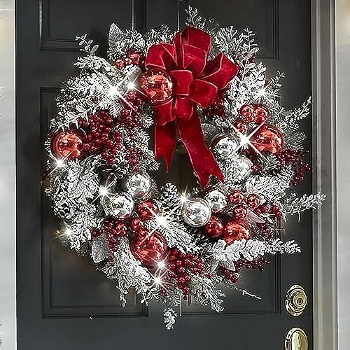 Red and White Holiday Wreath for Front Door - Cordless Wall Hanging Christmas Garland Trim for Indoor and Outdoor Decor